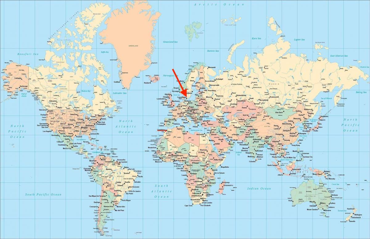 世界地図上のコペンハーゲンの位置